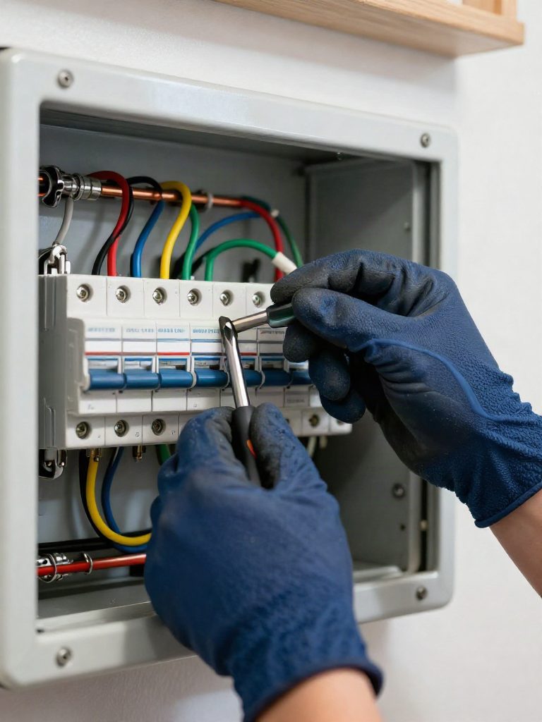 Elcentral med märkta skydd under arbete